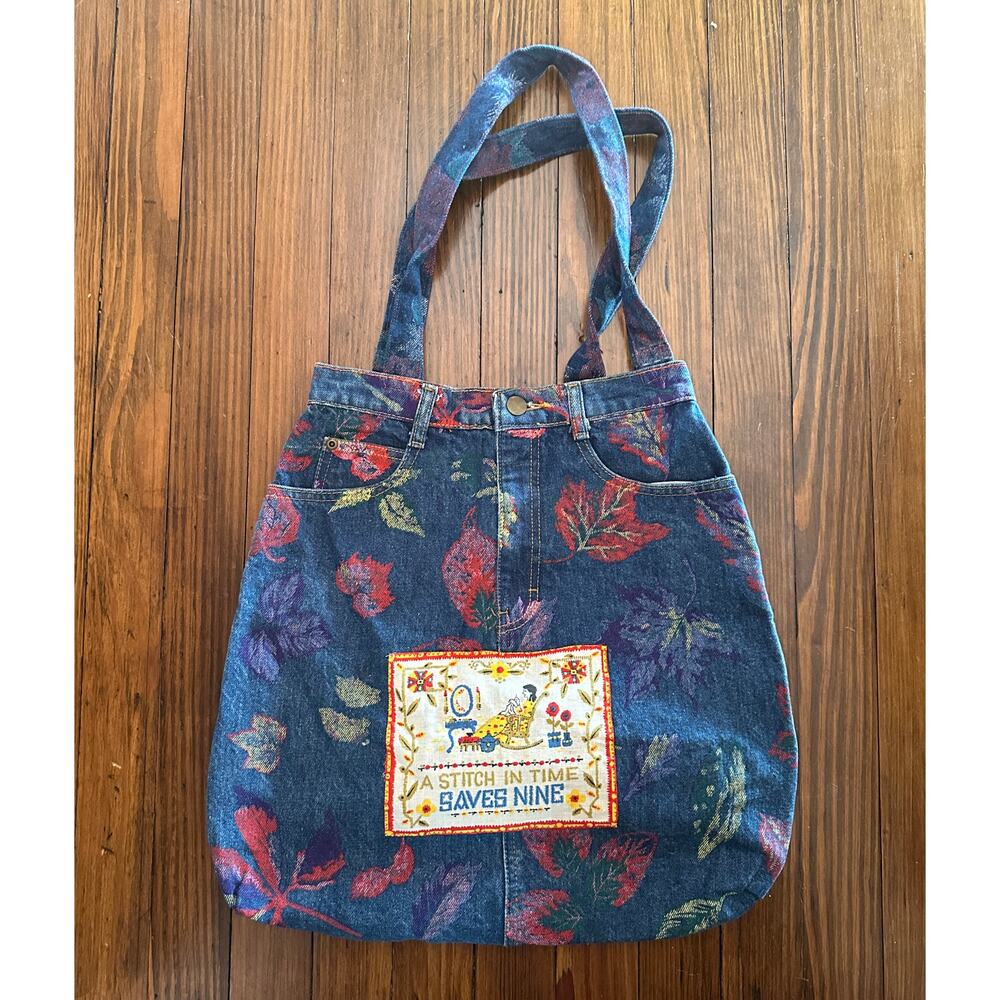 *sold* Vintage Handmade Floral Denim / Jeans Tag Patchwork Bag Tote